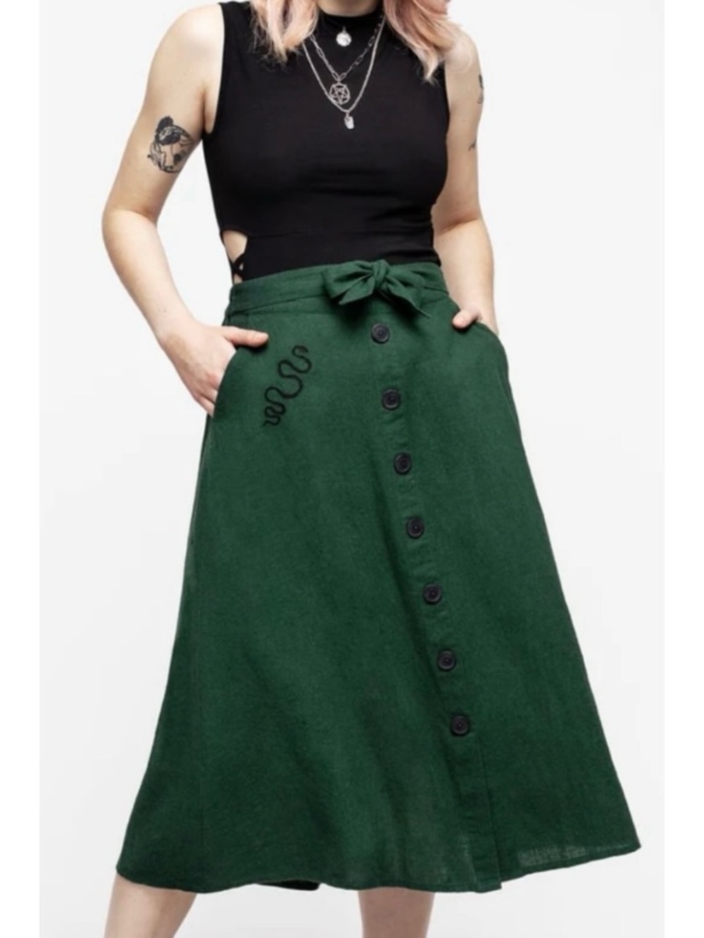 Disturbia Baslisk Linen Button Up Midi Skirt 12
